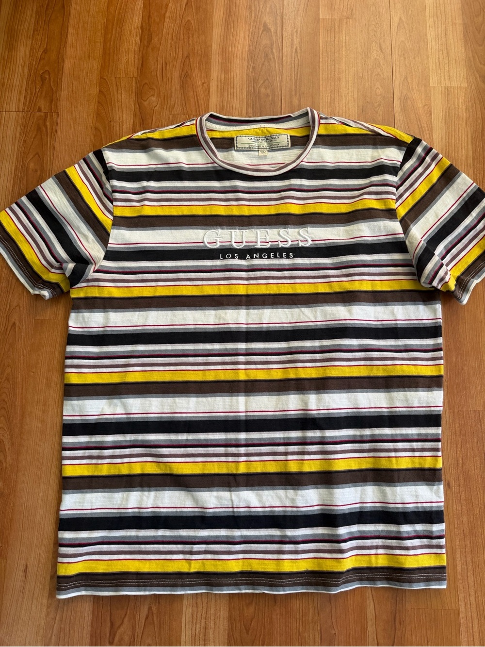 GUESS Men’s Striped Crewneck Tee in Yellow, White & Black